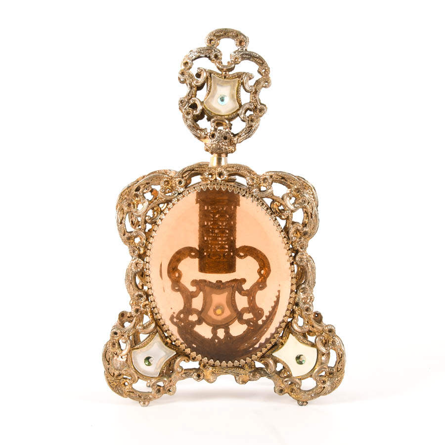 Hollywood Regency Gold Filigree and Mother of Pearl Inset Perfume Bottle-1