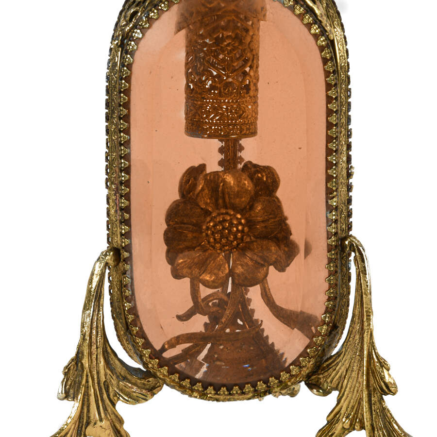 Ornate Footed Pink Glass Filigree Perfume Bottle-4