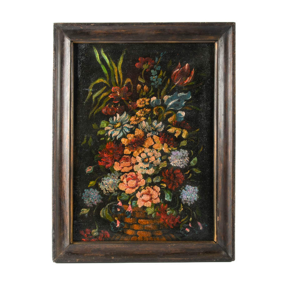 Framed Woven Basket Floral Arrangement Oil on Canvas-1
