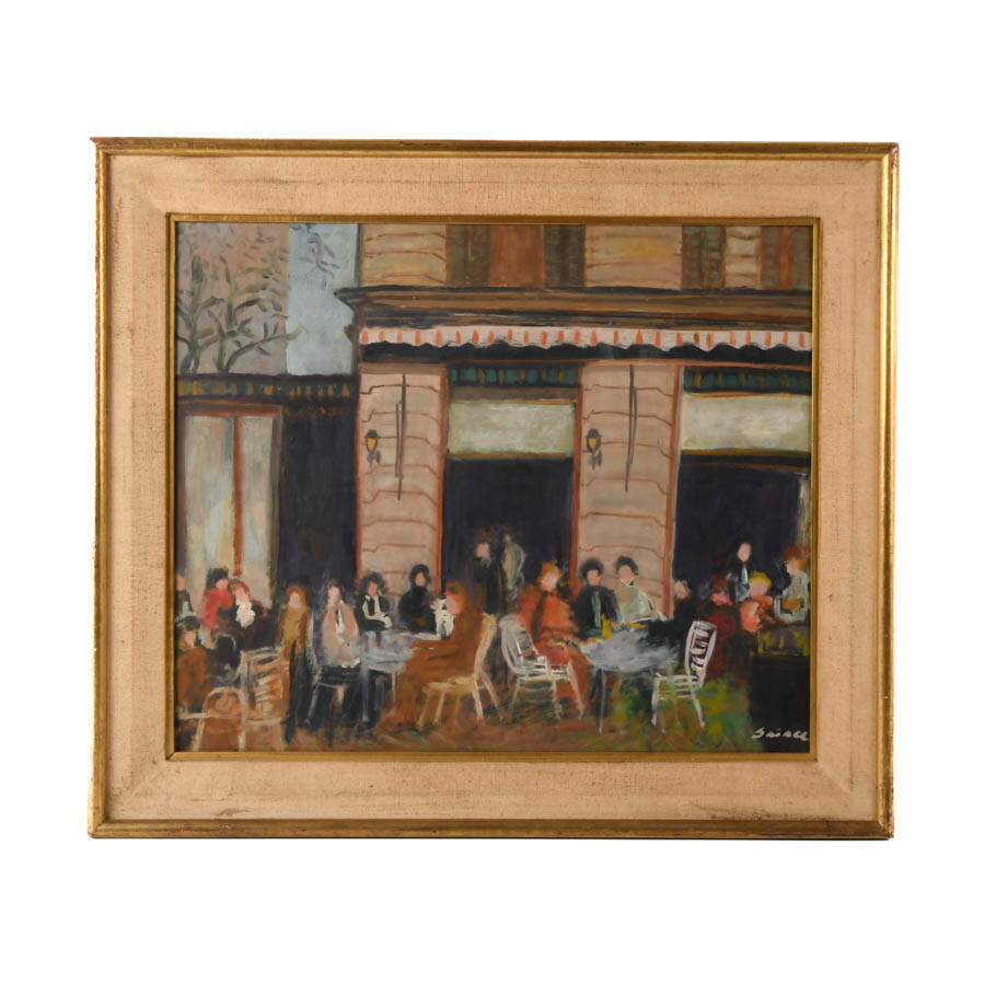 Framed Signed Street Café Scene Oil on Board-1
