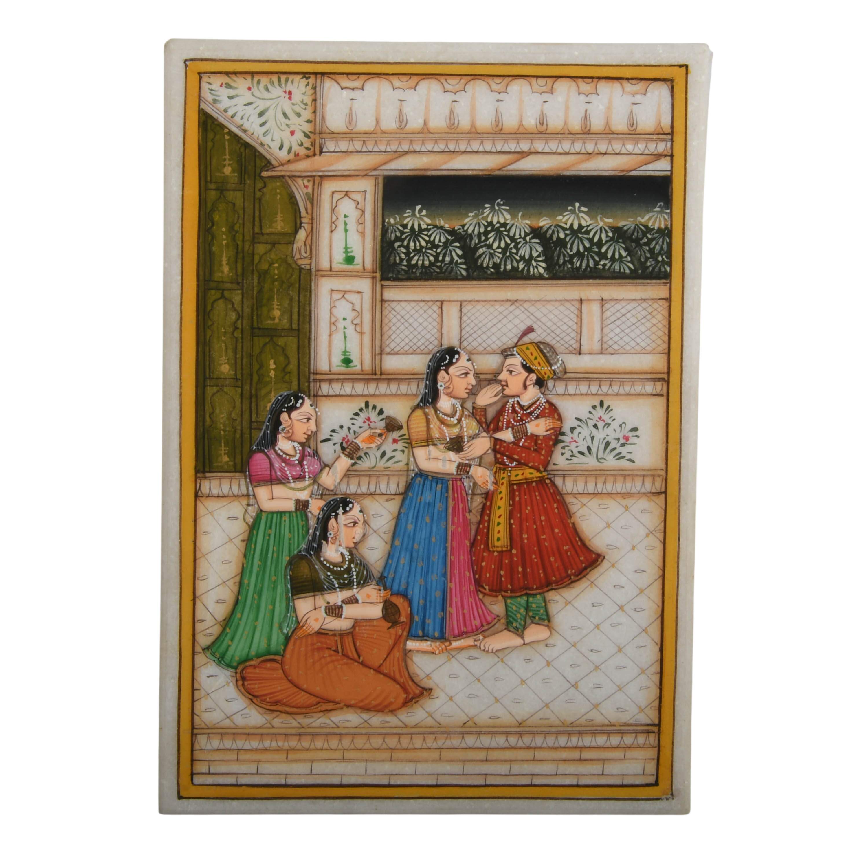 Three-Piece Miniature Indian Mughal and Harem Ragamala Paintings on Marble-4
