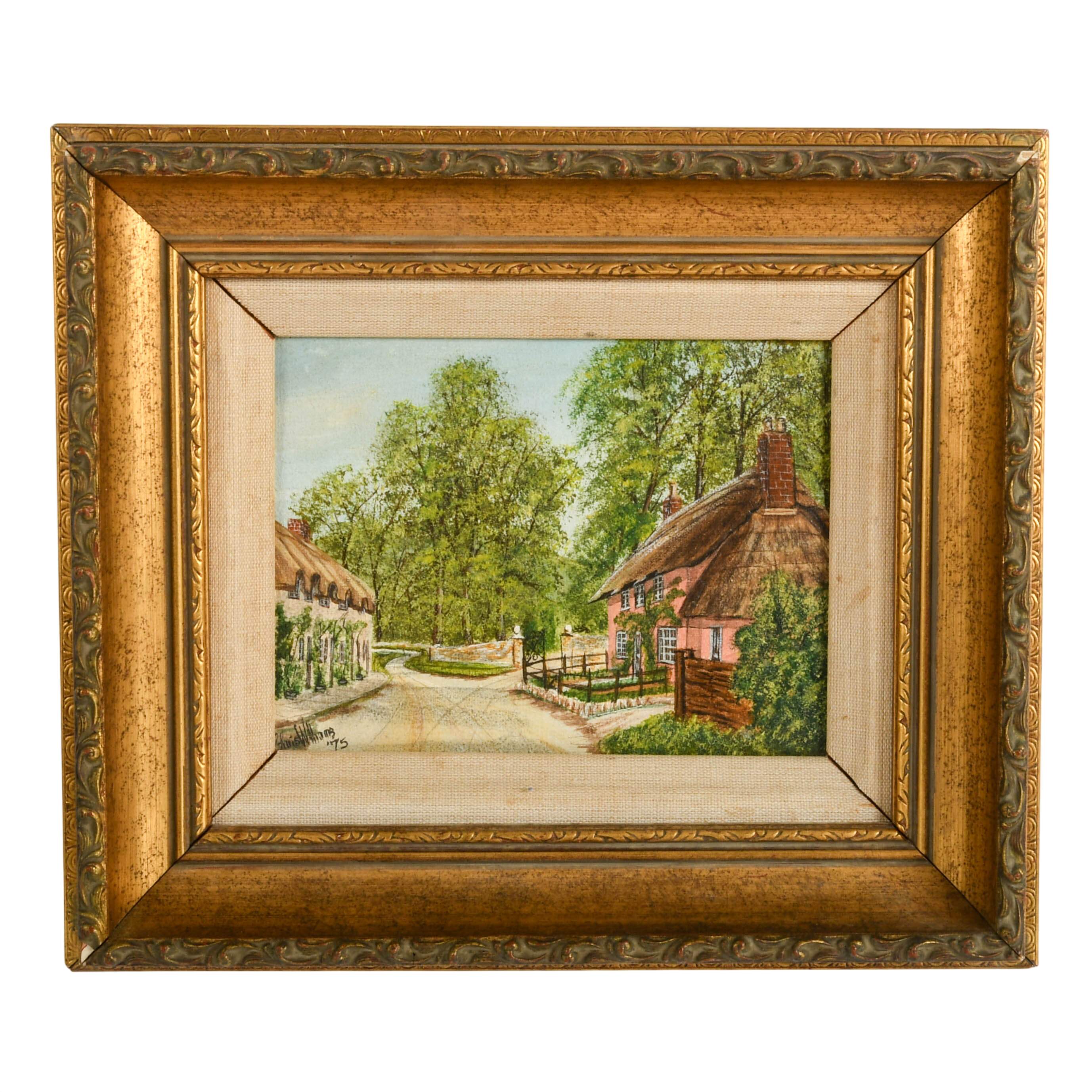 Signed Chris Williams English Pink Cottage Scene Oil on Canvas-1