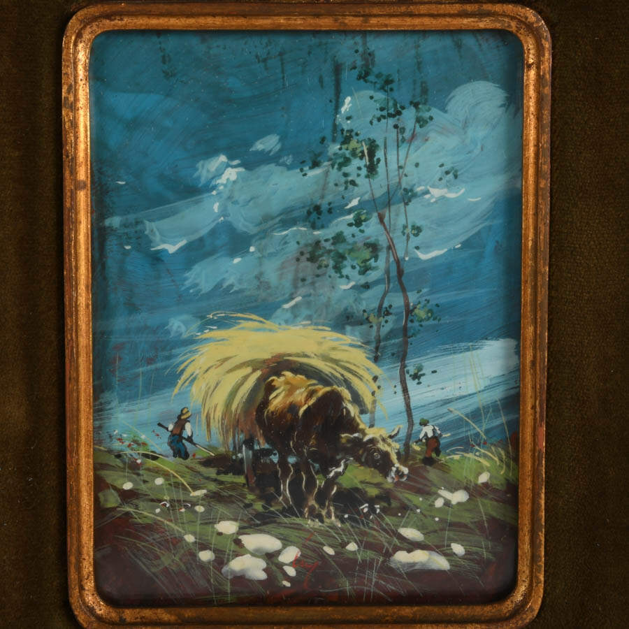 Signed Chilean Enamel on Copper Bucolic Oxcart Painting in Dome Glass-4