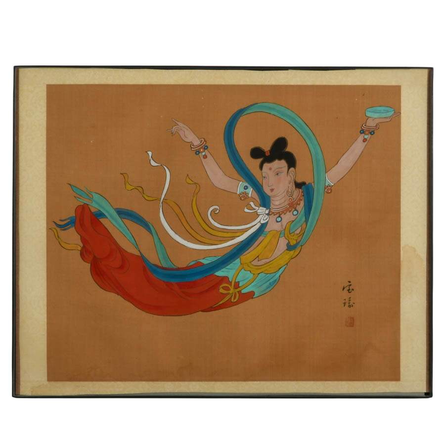 Set of Four Signed Chinese Flying Apsara Silk Paintings-6