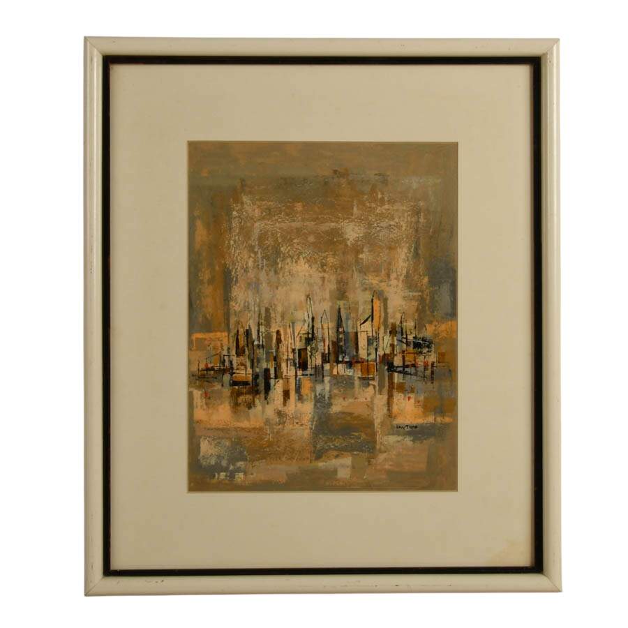 Mid-Century Modern Abstract Cityscape Oil on Canvas Signed Layton-1