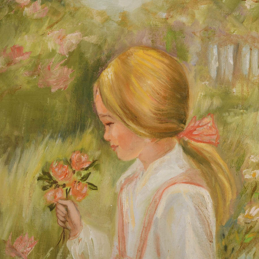 Framed Girl Picking Flowers Oil on Canvas Signed by Margery Doyle-3