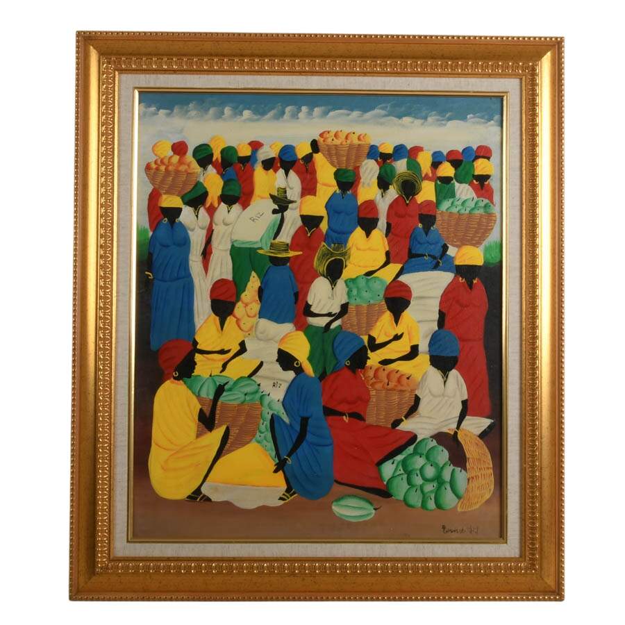 Framed Haitian Market Scene Oil on Canvas Signed Ernst J.J.-1