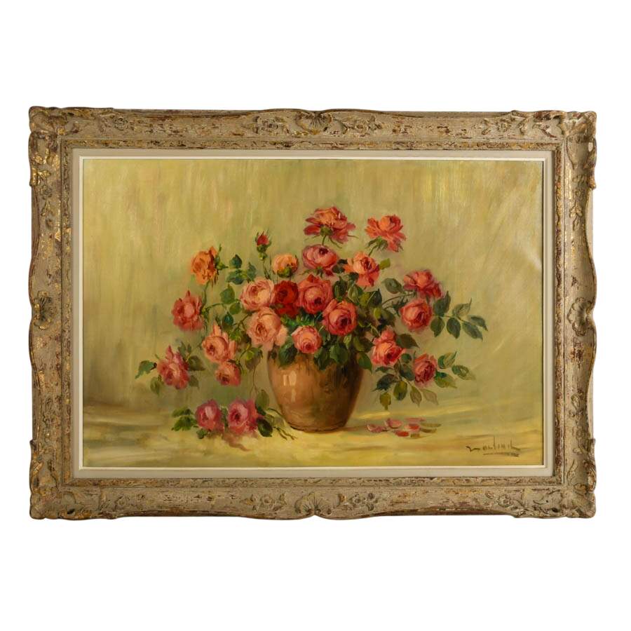 Framed Roses Still Life Oil on Canvas Signed by Martinil-1