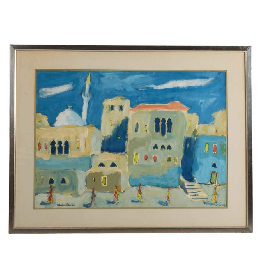 Framed "Old Jerusalem" Gouache on Board Signed by Yehuda Wallersteiner-1