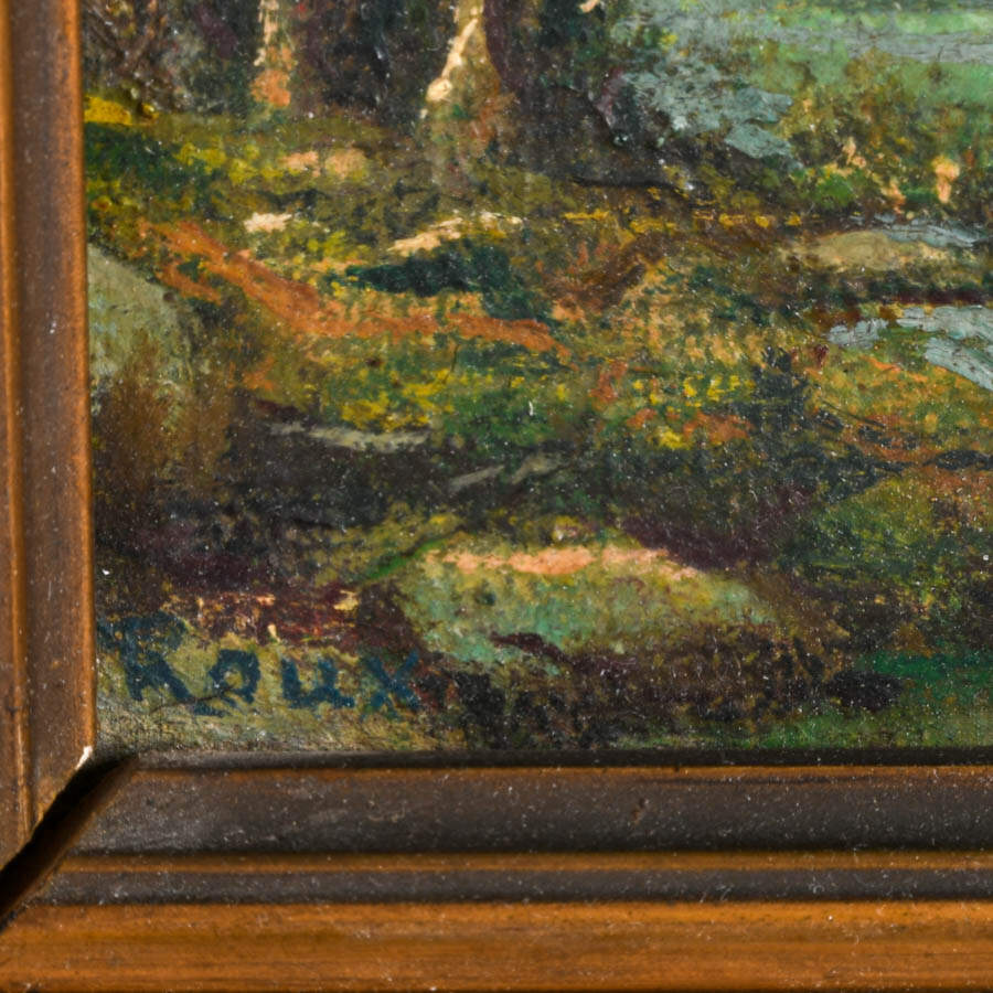 Framed Small Lakeside Landscape Oil on Board Signed Roux-3