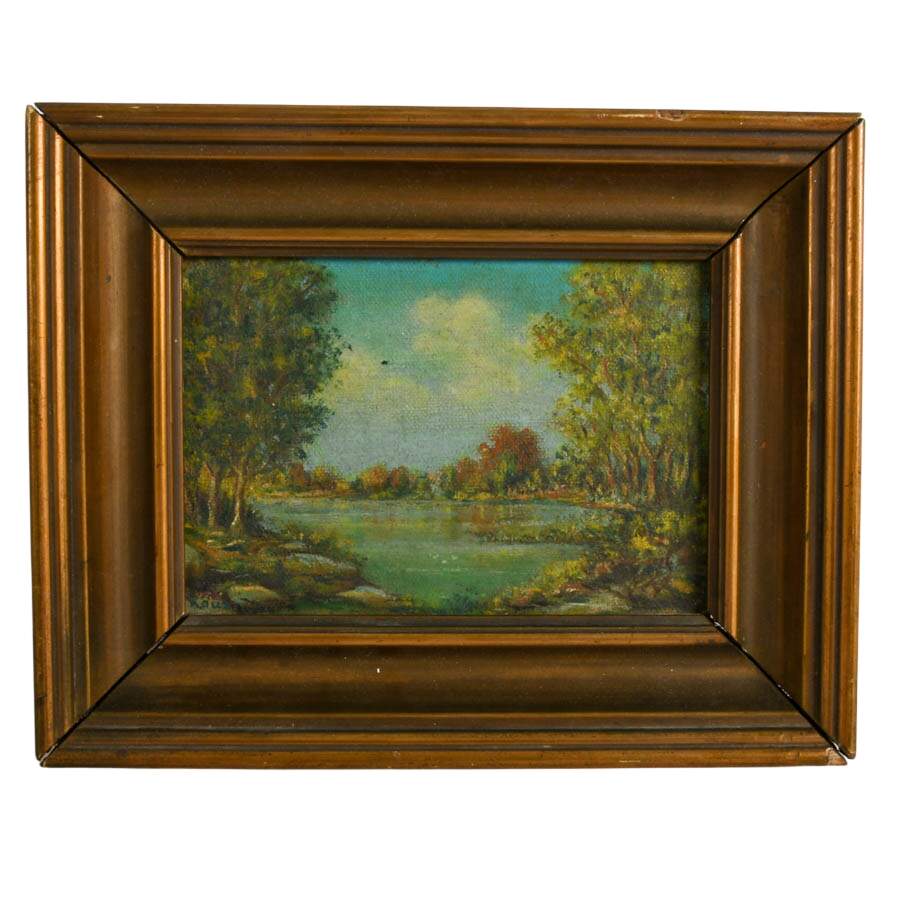 Framed Small Lakeside Landscape Oil on Board Signed Roux-1