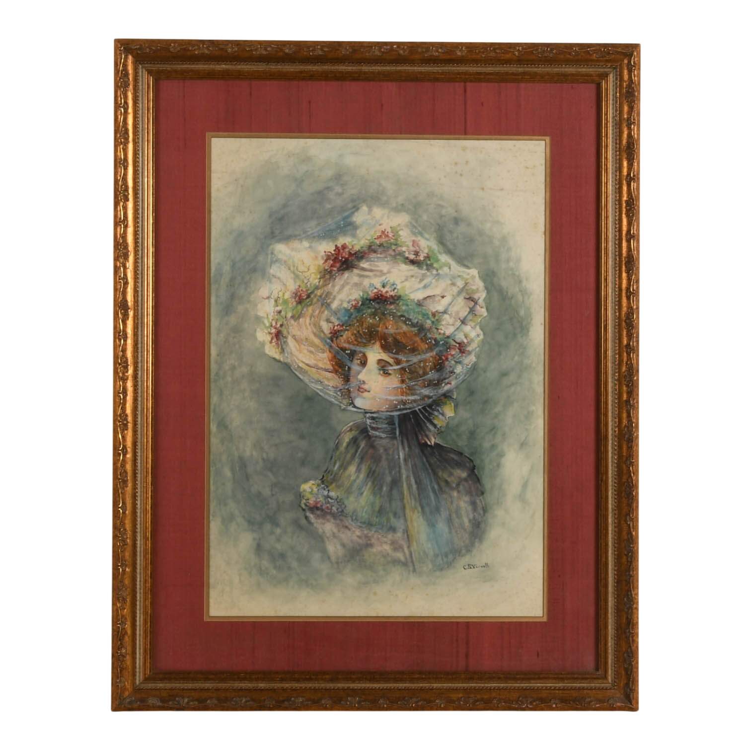 Framed Signed C.S. Yarnall "A Dainty Belle" Watercolor-1