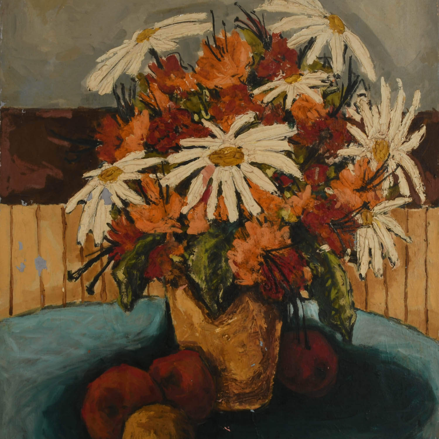 Framed Expressionist Floral Still Life Oil on Canvas Overpaint-2