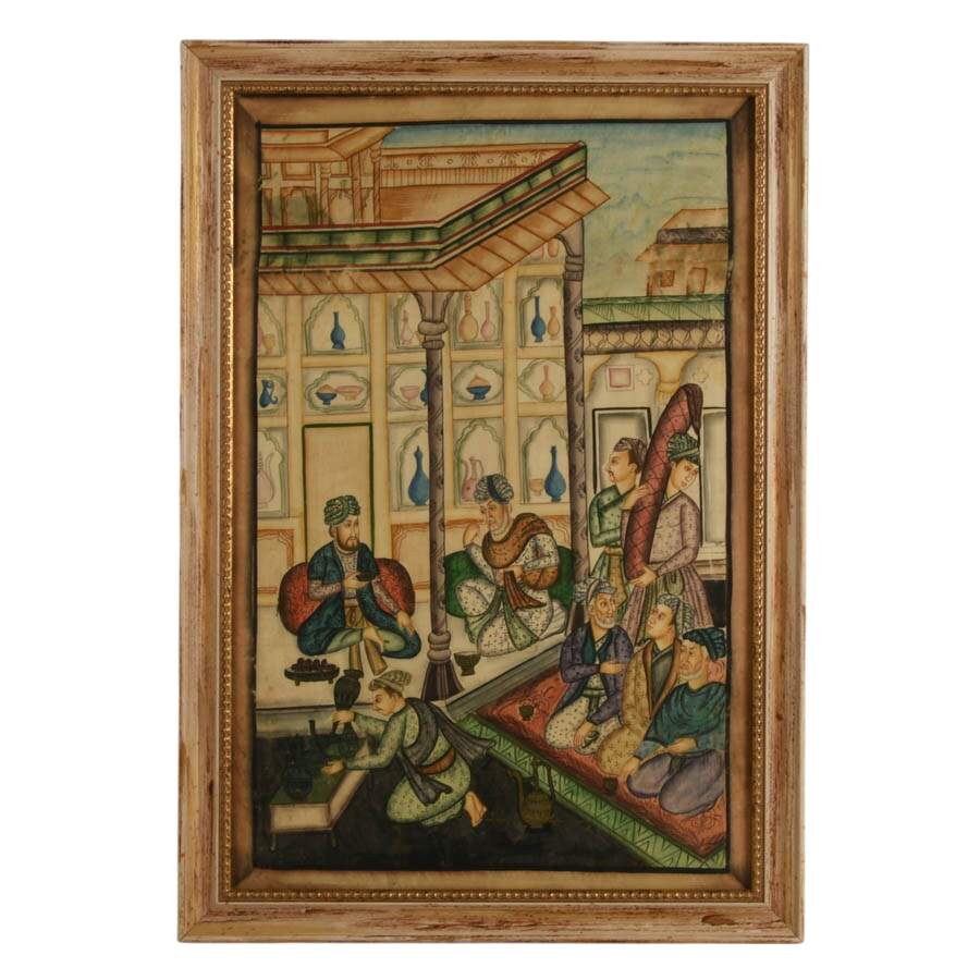 Framed Mughal Miniature Gouache on Silk Canvas-1