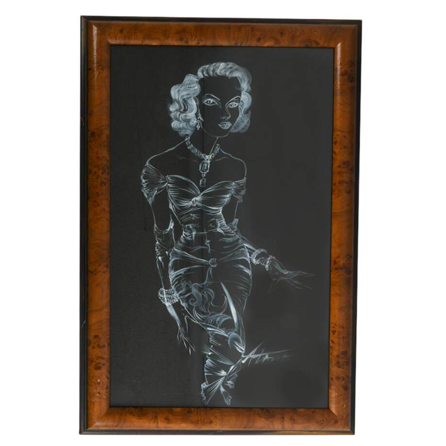 Framed Signed Contemporary Fashion Illustration Gouche on Board-1