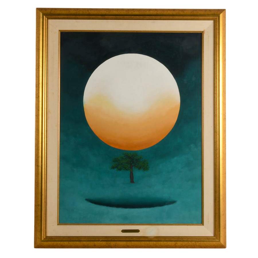 Surrealist Celestial Tree Acrylic Painting Attributed to Jorge Garcia Abreu-1
