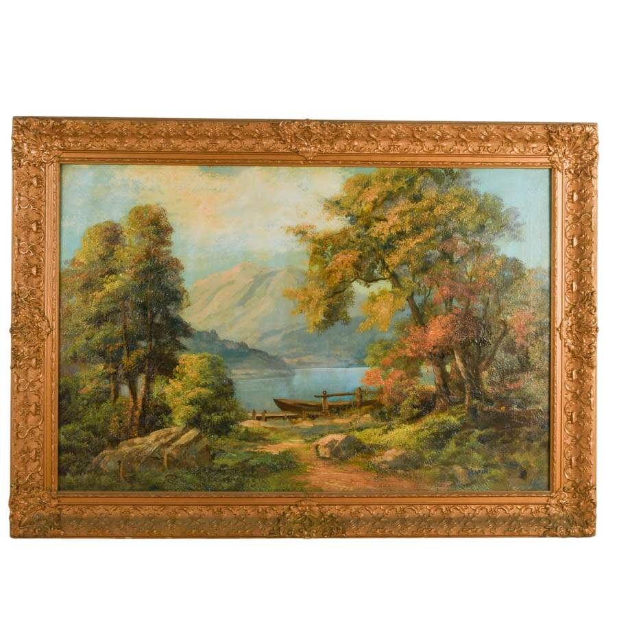 Framed Lakeside Landscape Oil on Canvas Signed Marino-1