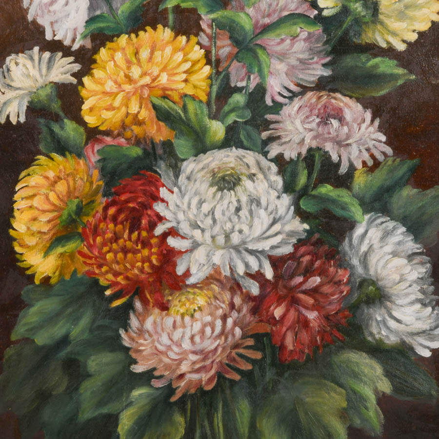 Framed Chrysanthemum Bouquet Still Life Oil on Canvas-2