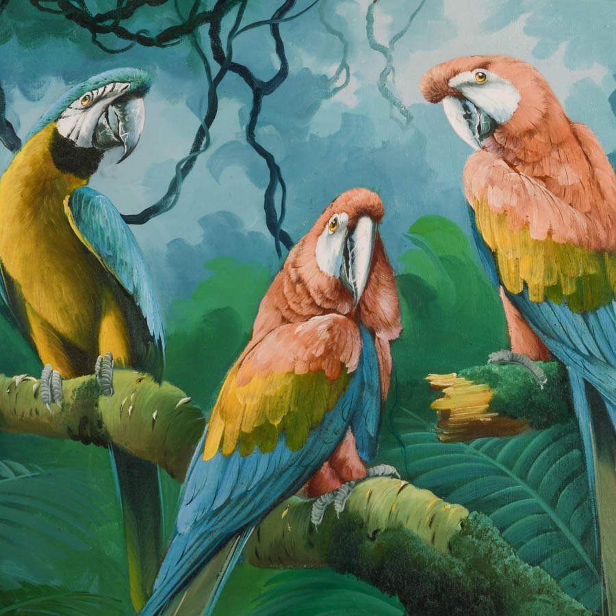 Framed "Three Parrots" Oil on Canvas Signed by Andre Lange-2