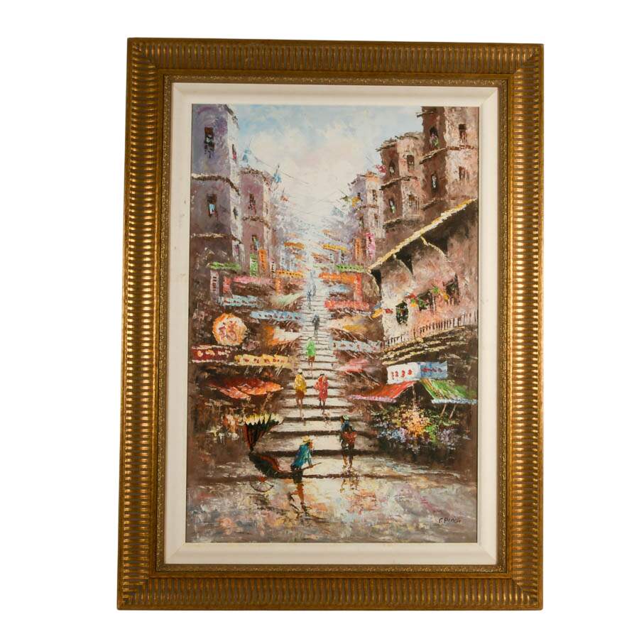 Framed "Ladder Street, Hong Kong" Oil on Canvas Signed by Tang Ping-1