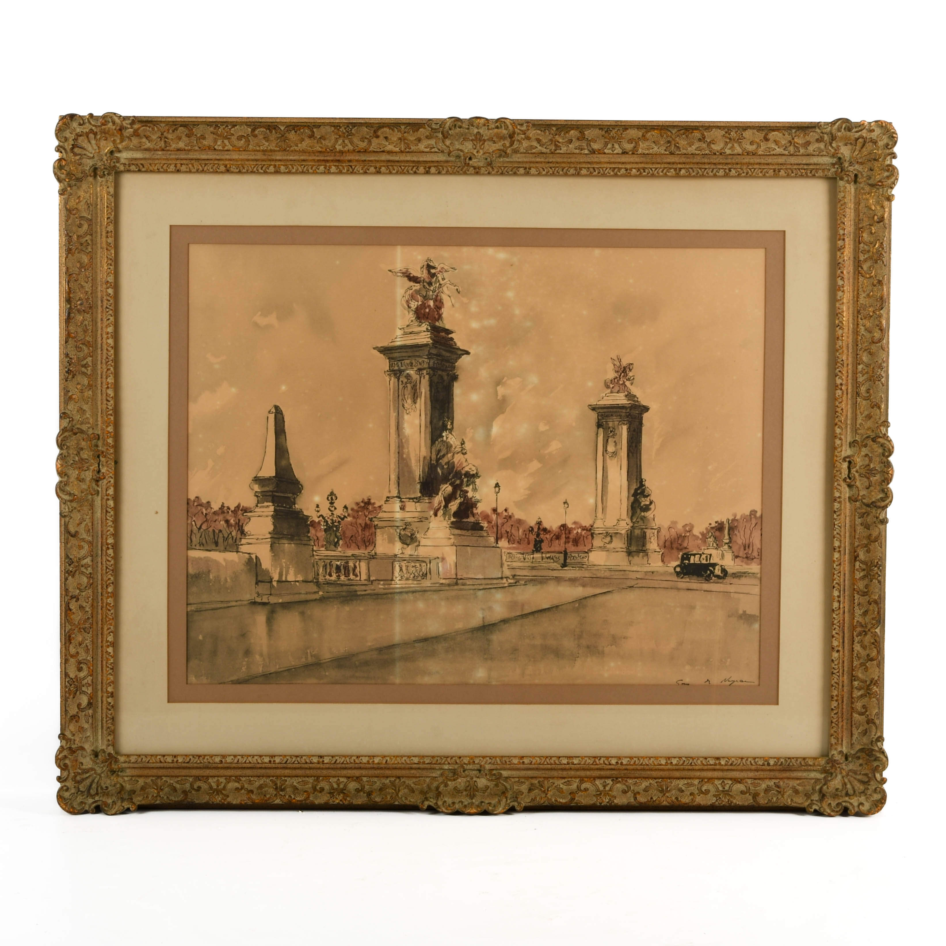 Framed Signed Guy de Neyrac Parisian Courtyard Watercolor Print-1