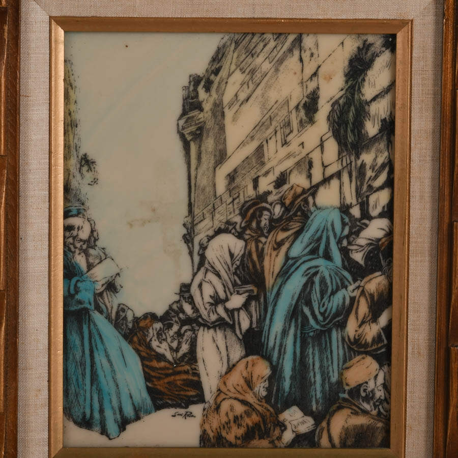 Framed "Western Wall" Ivorine Colored Etching Signed After Saul Raskin-2