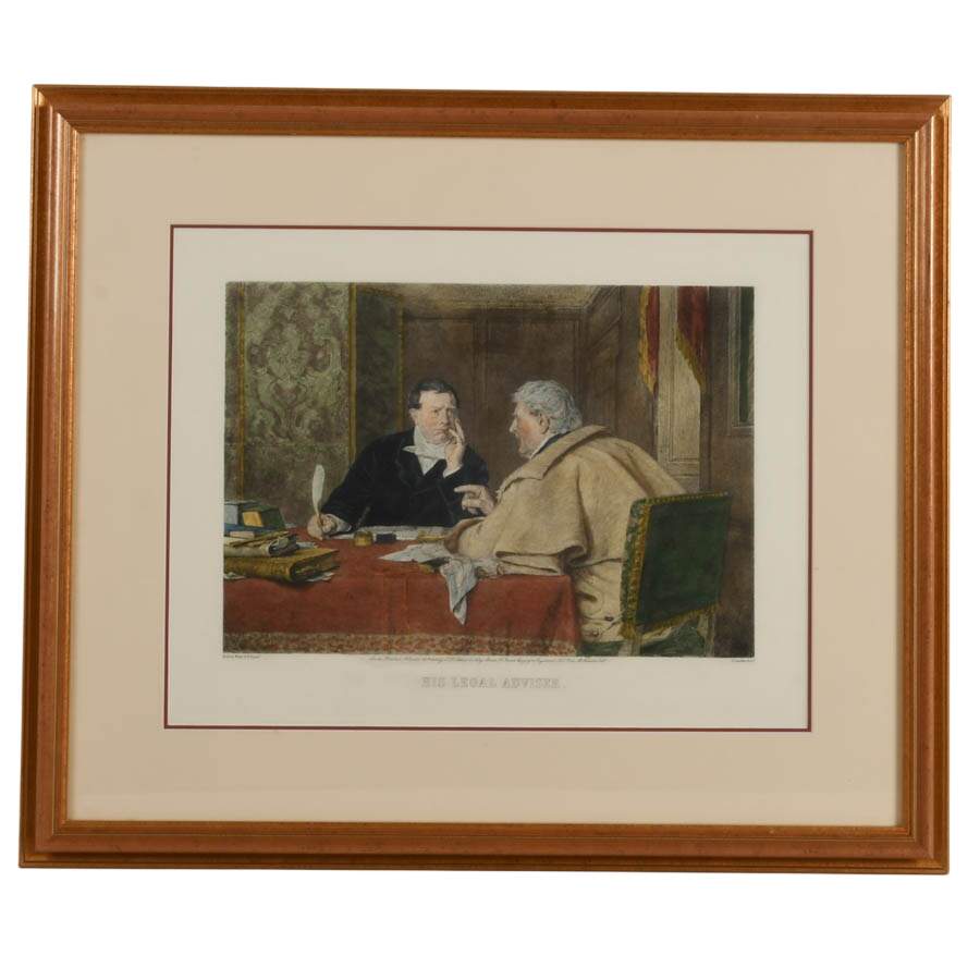 Framed "His Legal Adviser" Hand-Colored Engraving on Paper-1