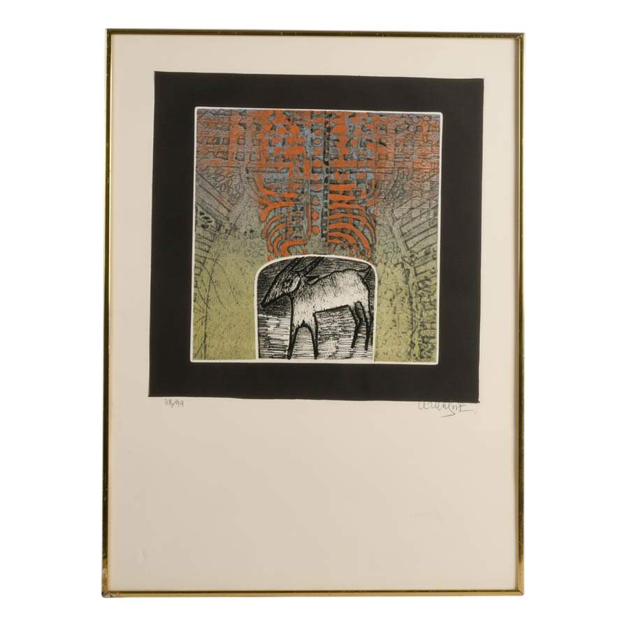 "Goat" Aquatint Etching on Paper Signed & Numbered 38/99 by Arun Bose-1