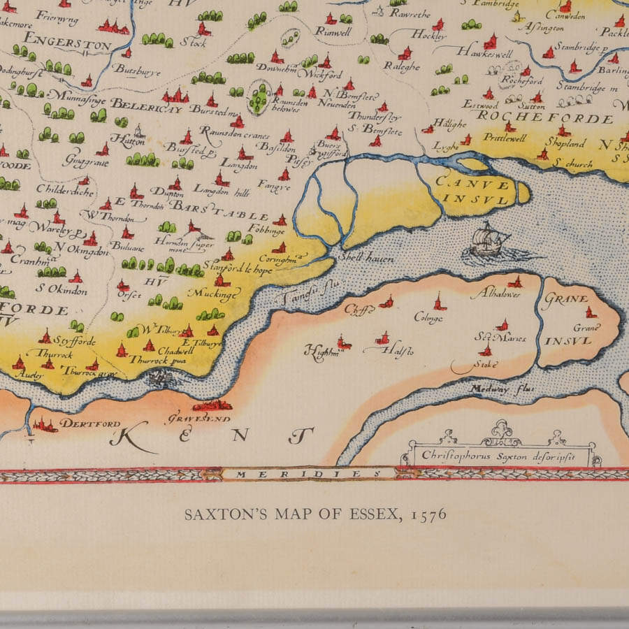 Framed Christopher Saxton Map of Essex, 1576 Lithograph-4