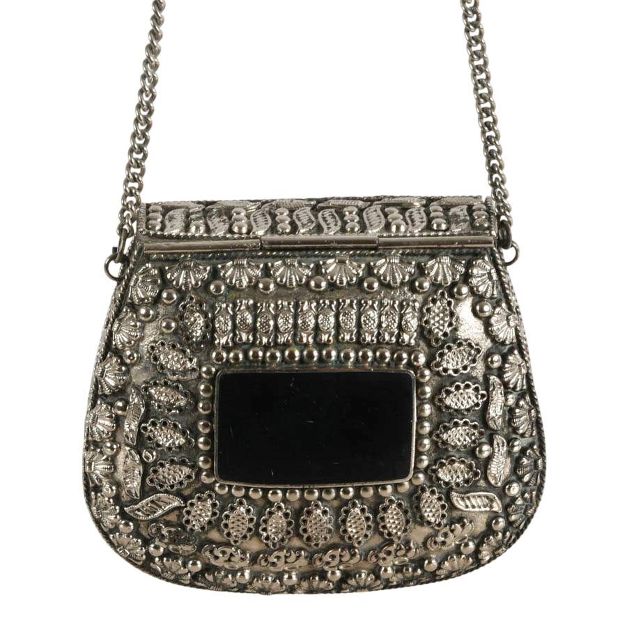 Vintage Sajai Metal Box Purse with Black Agate-6