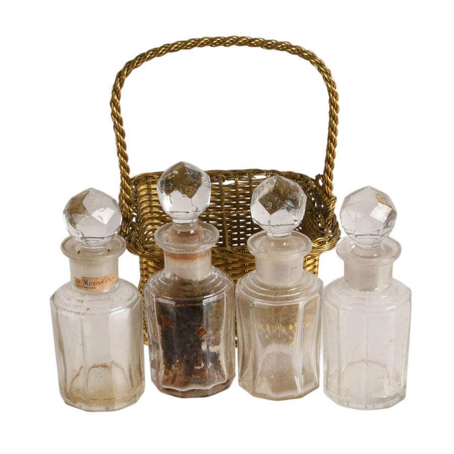 Art Deco French Gilt Perfume Basket with Bottles-4