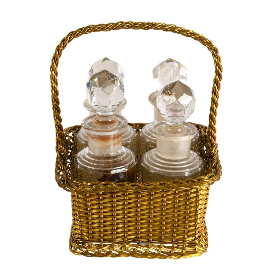 Art Deco French Gilt Perfume Basket with Bottles-1