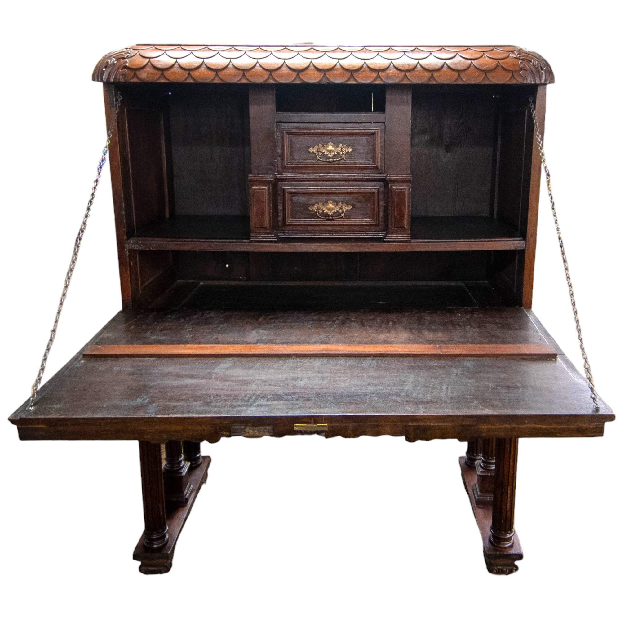 Antique 19th-Century European Baroque Carved Vargueno Travel Desk-3