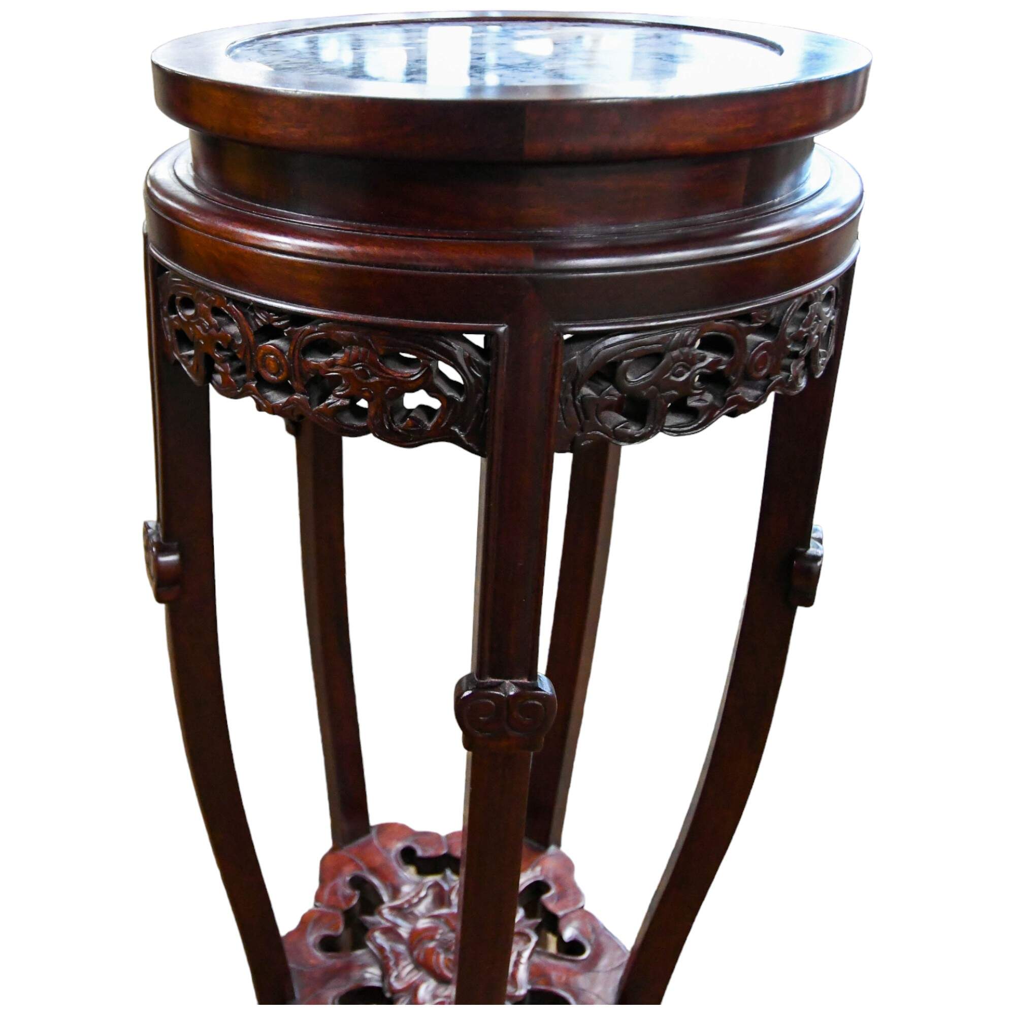 Chinese Dark Rosewood Carved Marble Top Stand-2