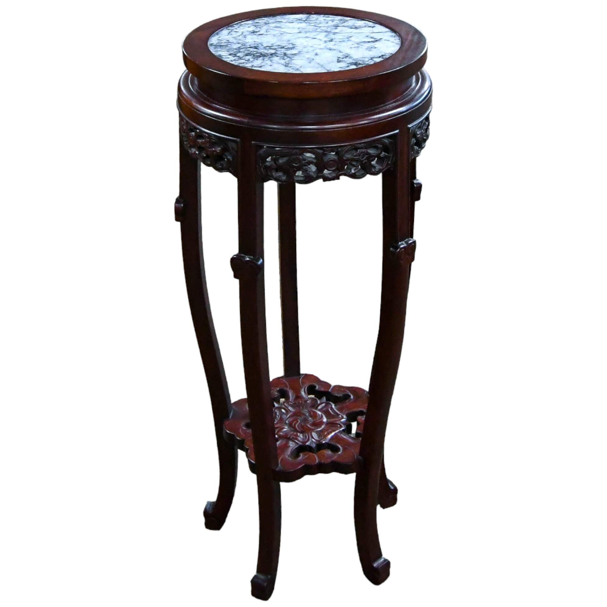 Chinese Dark Rosewood Carved Marble Top Stand-1