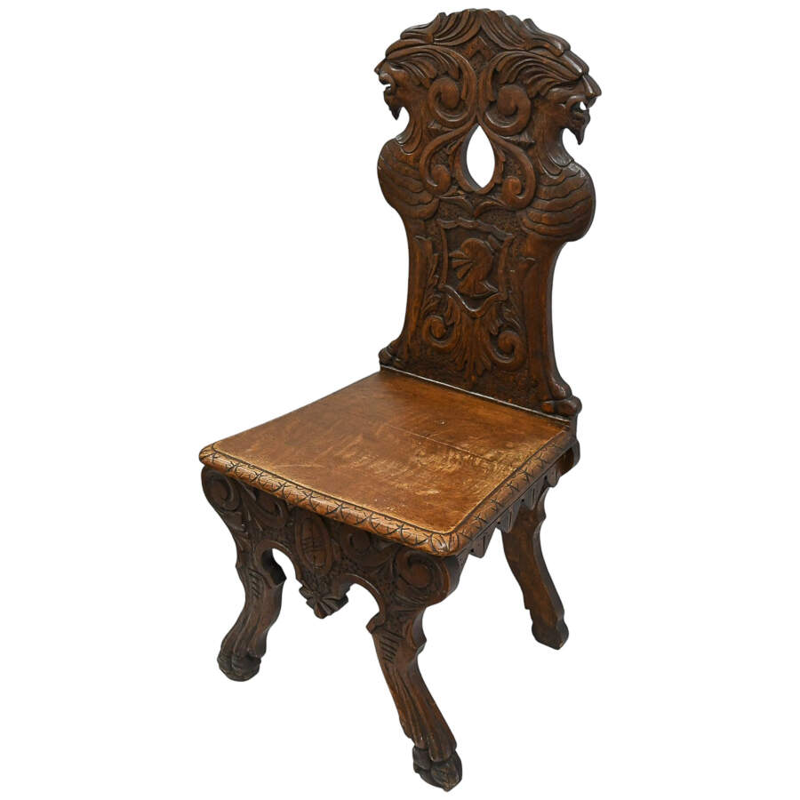 Antique Handcrafted Oak Sgabello Griffon Hall Chair-3