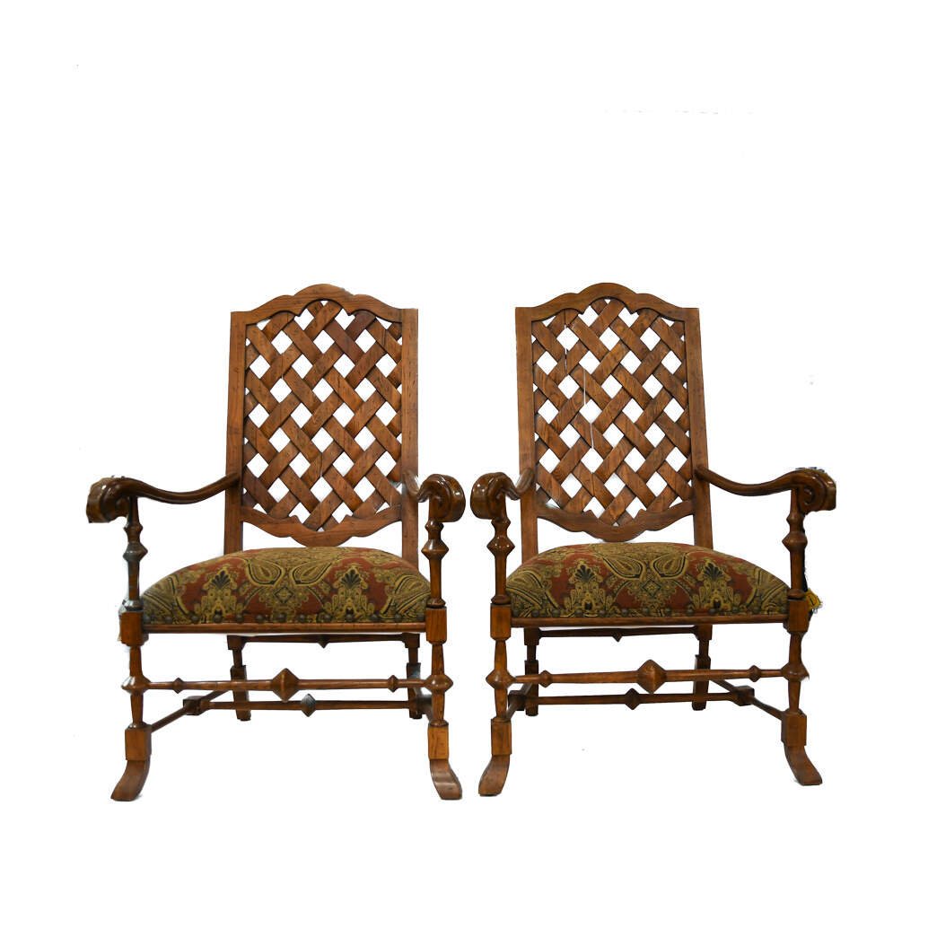 Pair Walnut Fireside High Back- Long Arm Chairs-1