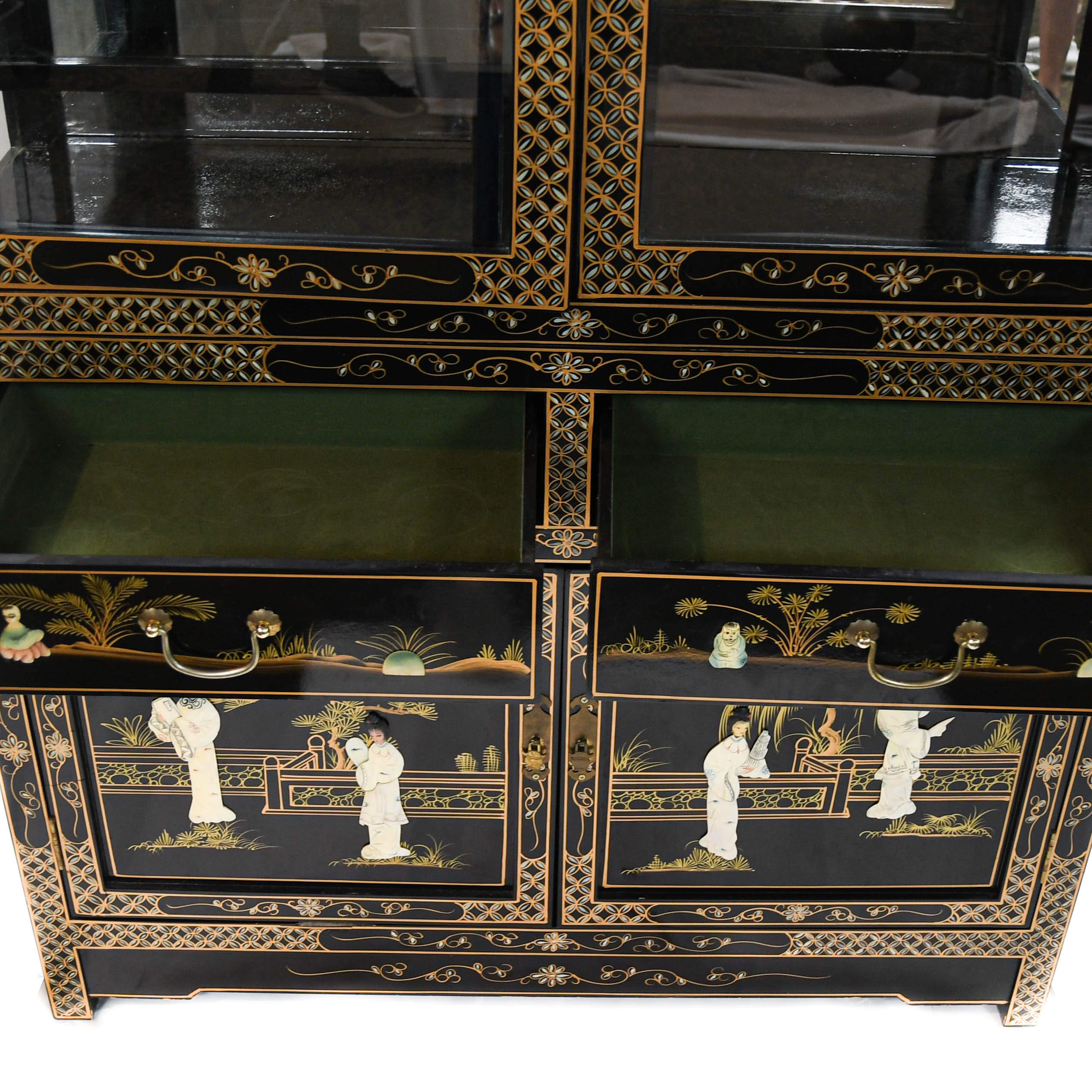 Chinese Black Lacquer, Mother of Pearl, and Glass China Cabinet-6