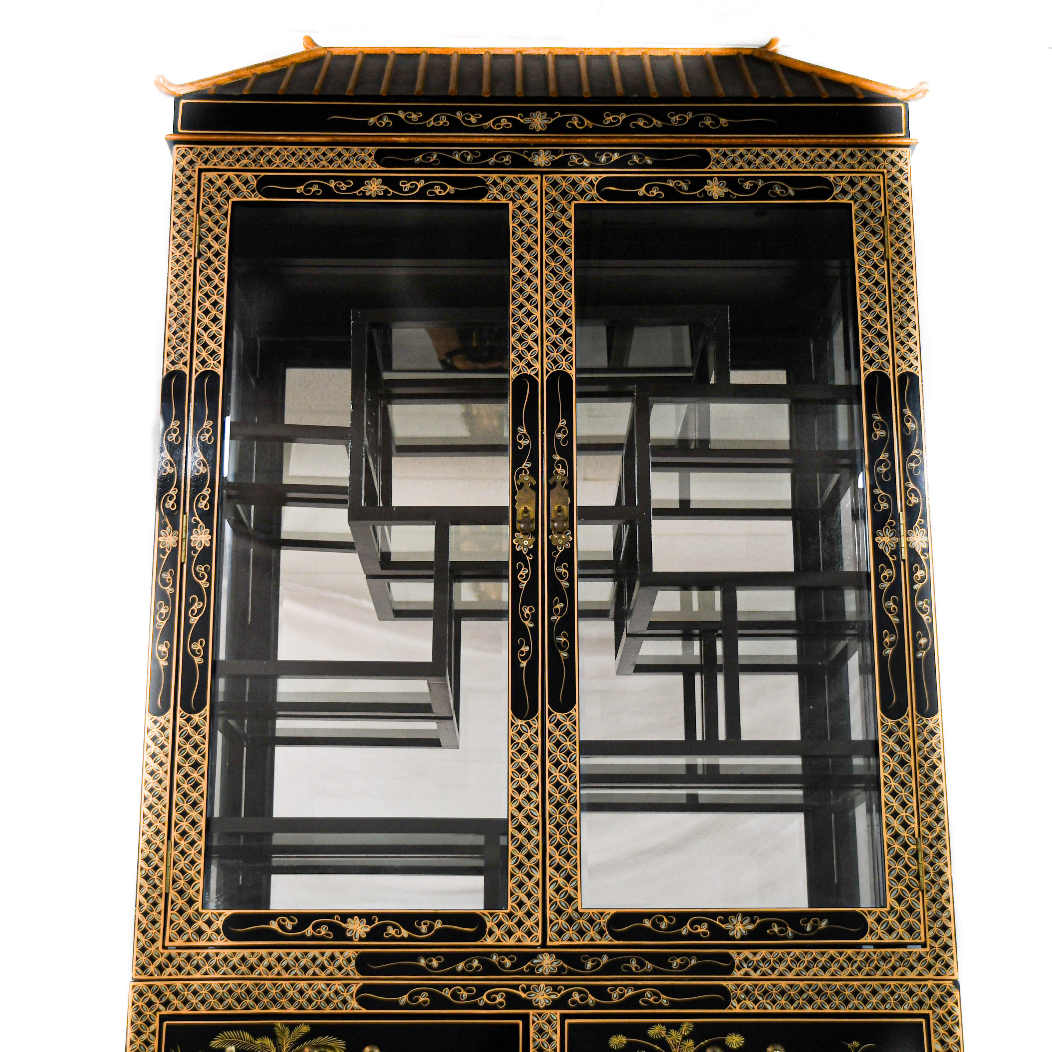 Chinese Black Lacquer, Mother of Pearl, and Glass China Cabinet-2