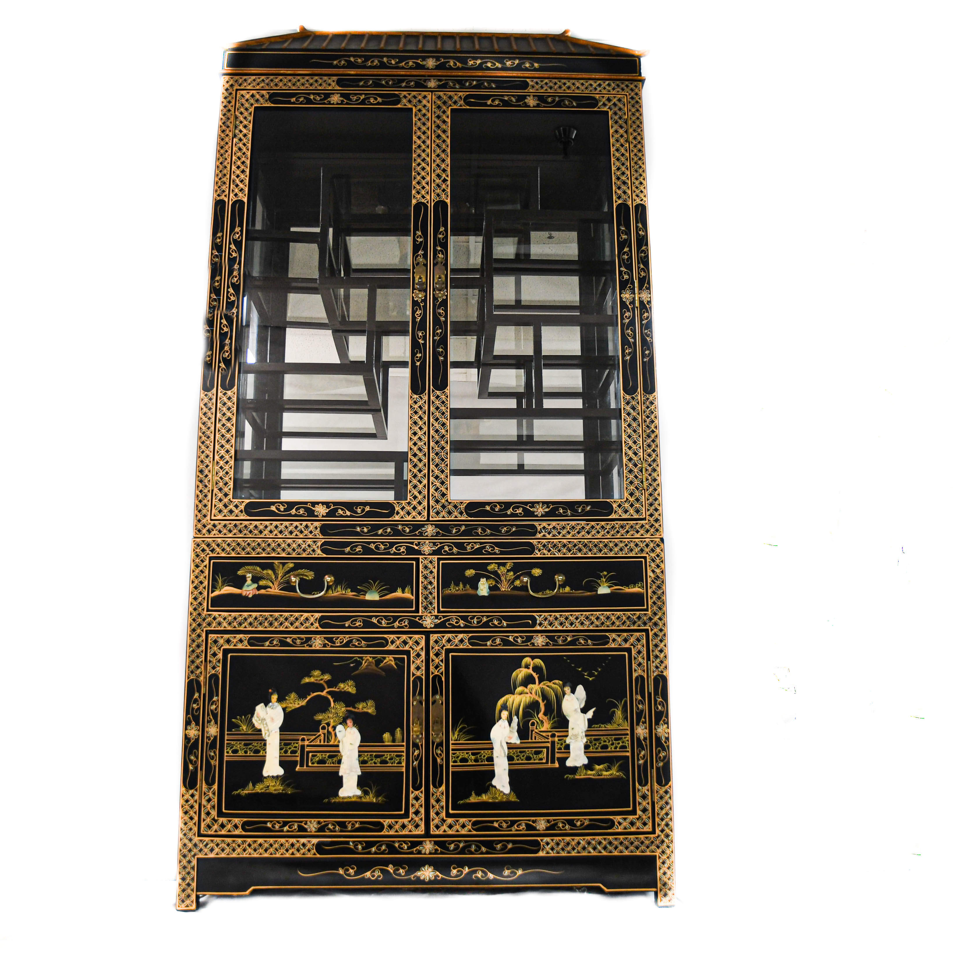 Chinese Black Lacquer, Mother of Pearl, and Glass China Cabinet-1