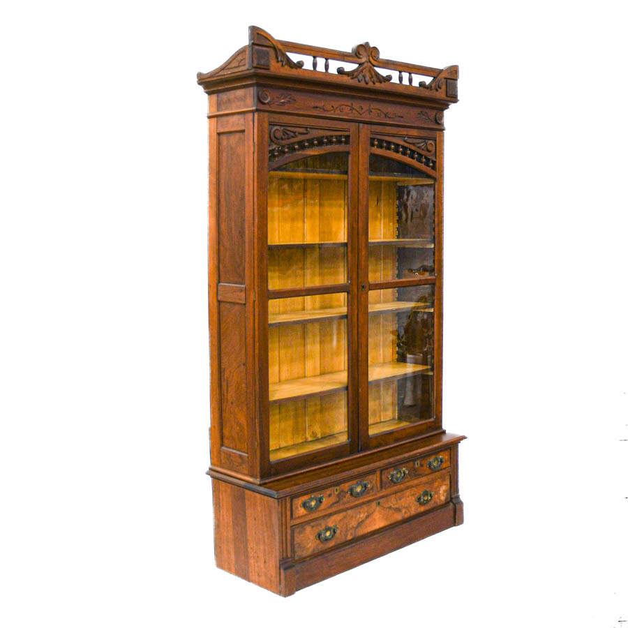 Antique Victorian Walnut Glass Front Bookcase-4