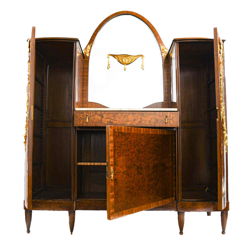 French Gilded Bronze Marquetry Marble Top Vitrine Cabinet-3
