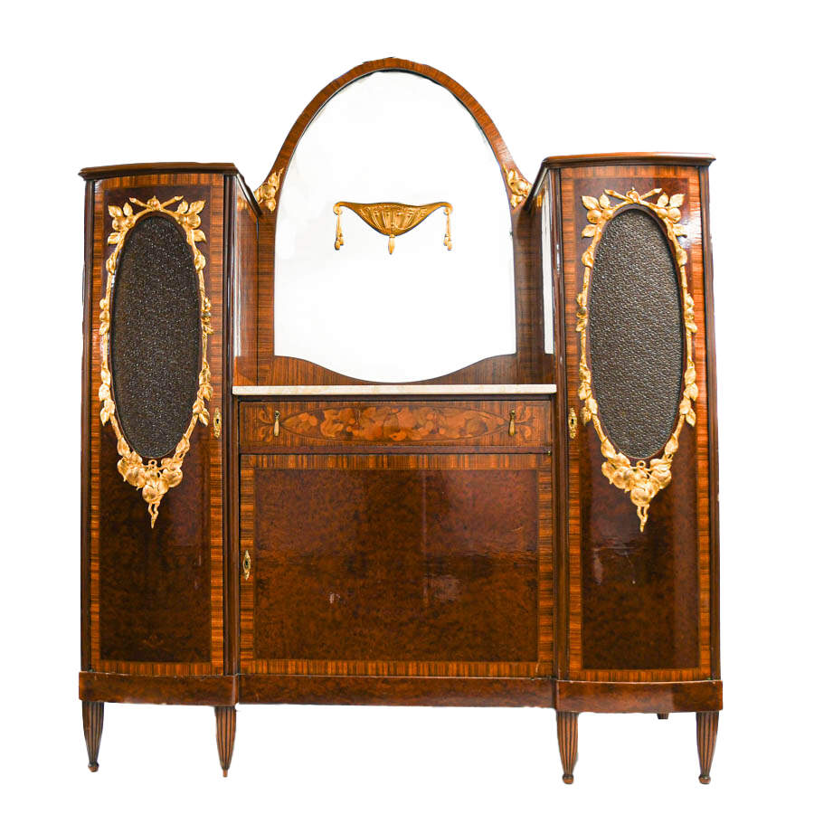 French Gilded Bronze Marquetry Marble Top Vitrine Cabinet-1
