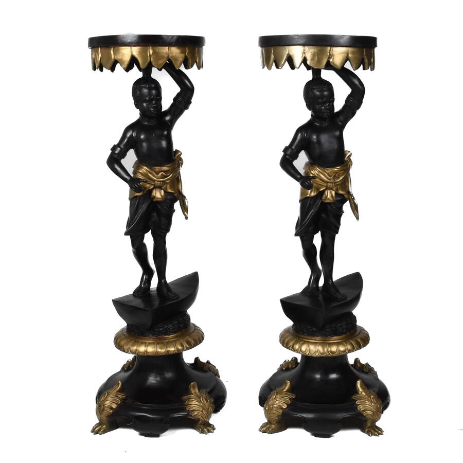 Pair of Bronze and Gilt Blackamoor Plant Stands-1