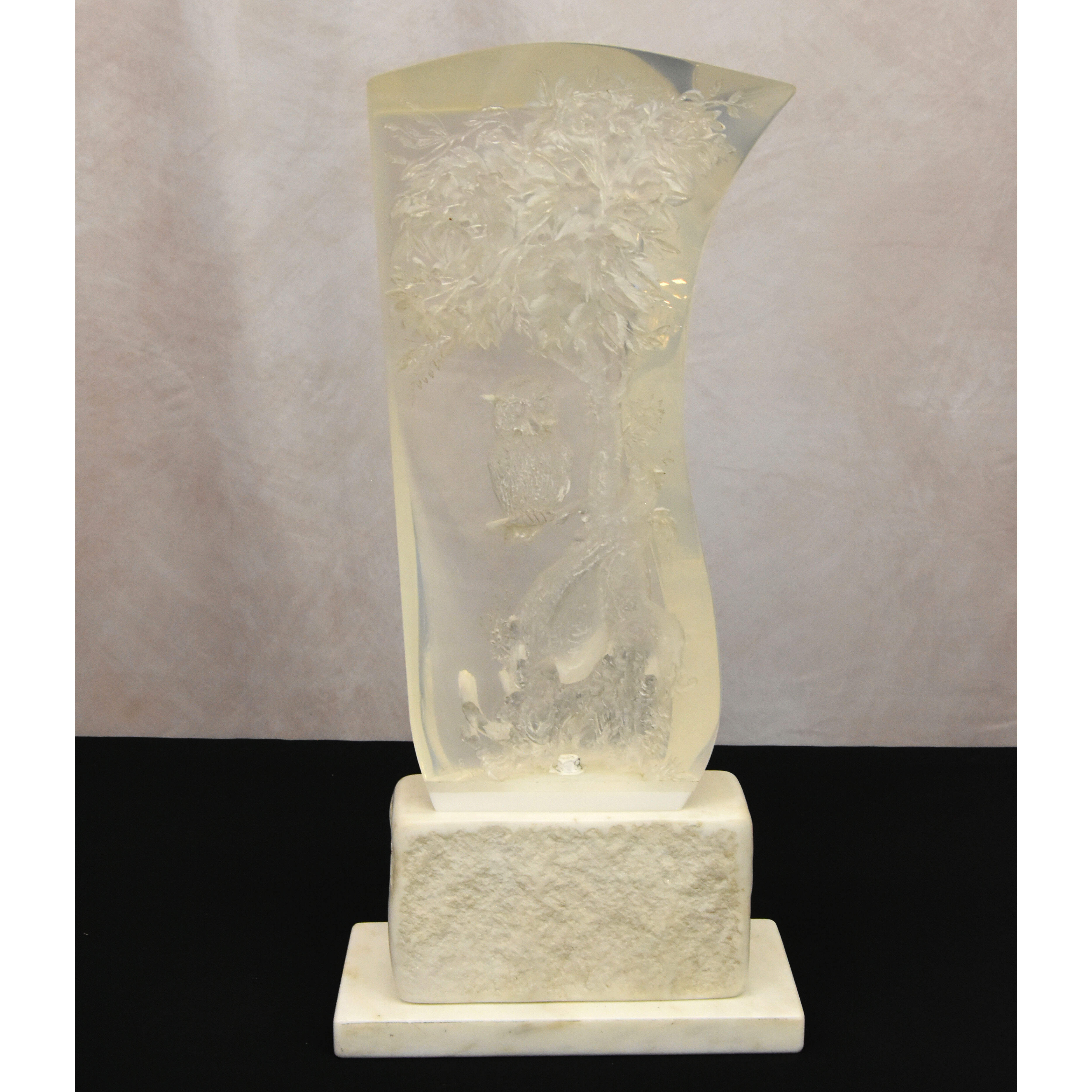 Signed Born Lucite Owl Sculpture on Marble Base-4