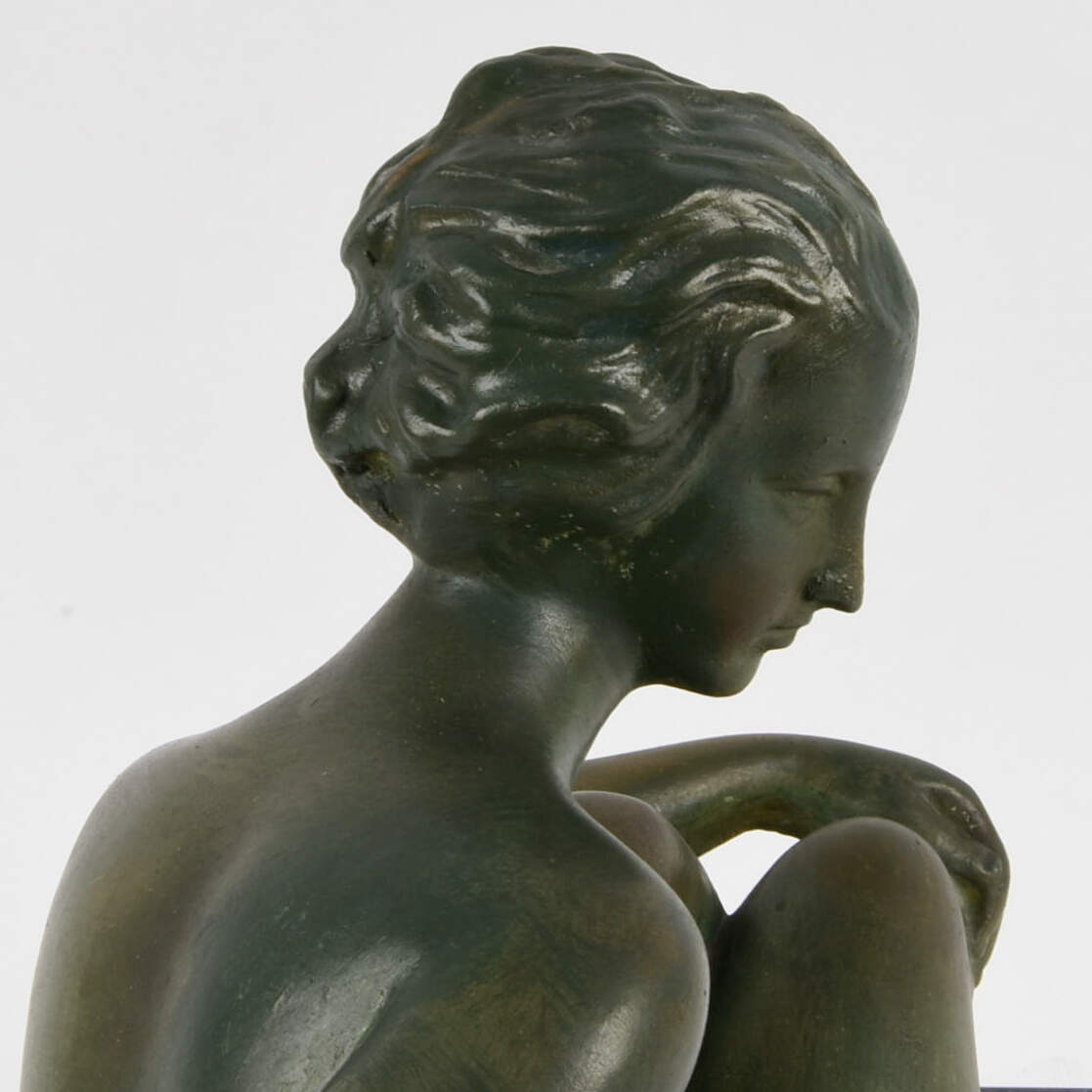 Antique Art Nouveau Chalkware Seated Woman with Dog on Marble Base-7