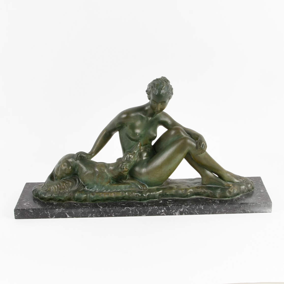 Antique Art Nouveau Chalkware Seated Woman with Dog on Marble Base-1