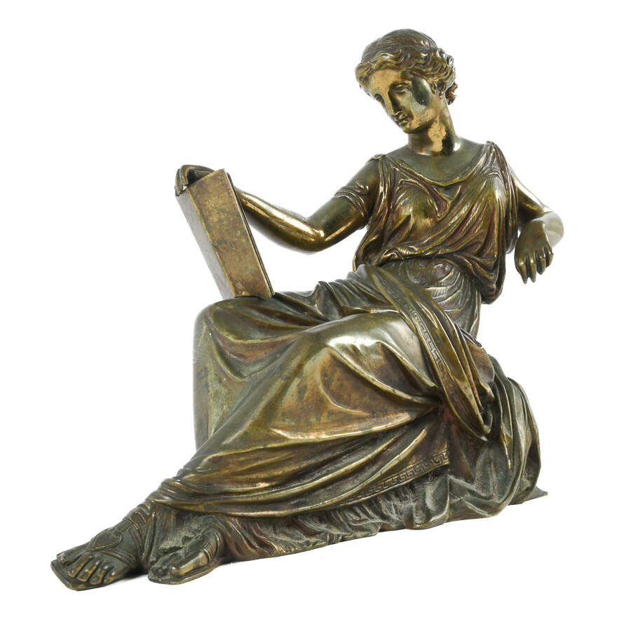 Antique Bronze of Woman Reading Plato Statue After Jean-Jacques Pradier-4