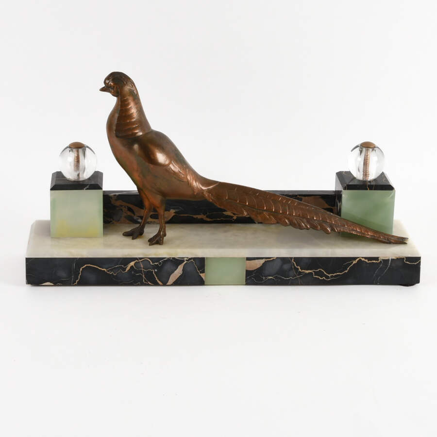 Art Deco Pheasant Mantel Sculpture on Marble Base-1