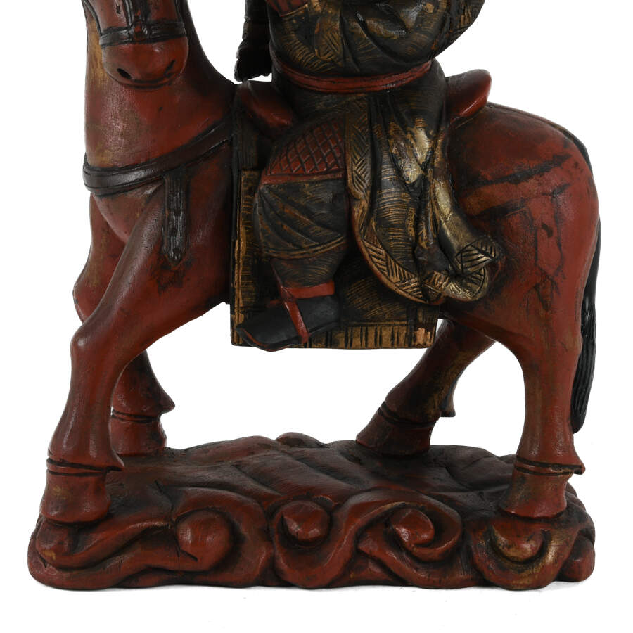 Carved Wood Guan Gong on Horse Sculpture-9